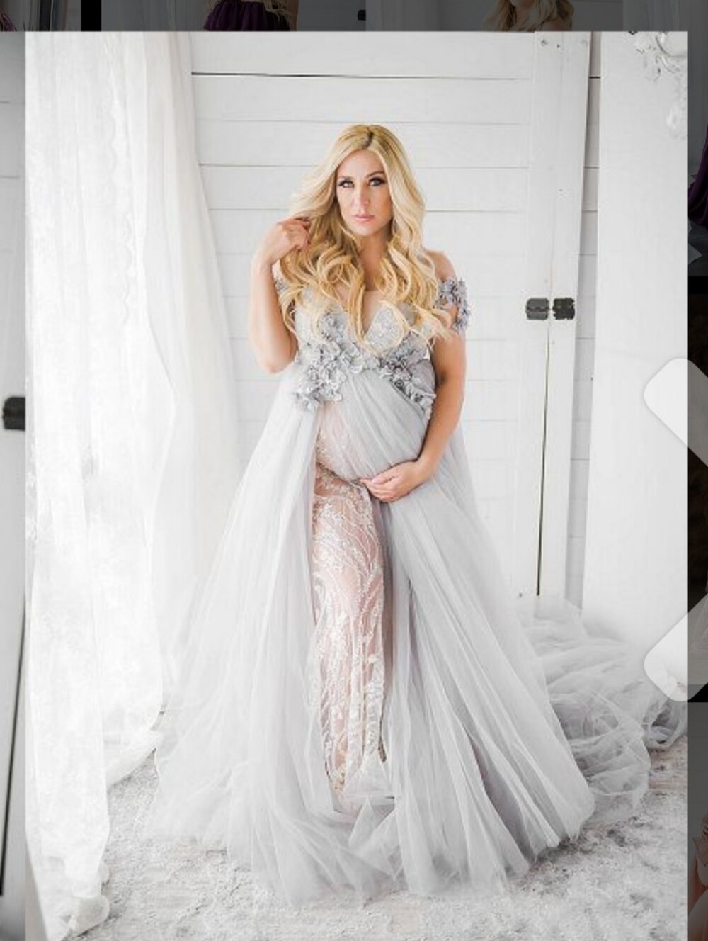 Light Gray Maternity Tulle Maxi Dress with Floral Appliqué